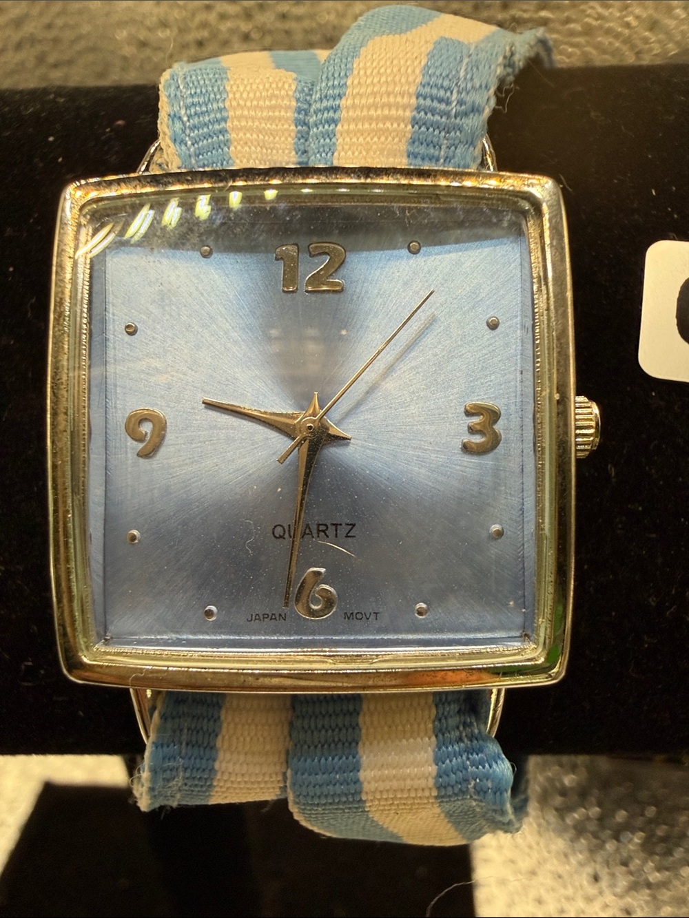 Blue Square Dial Women's Quartz Watch with Striped Fabric Band